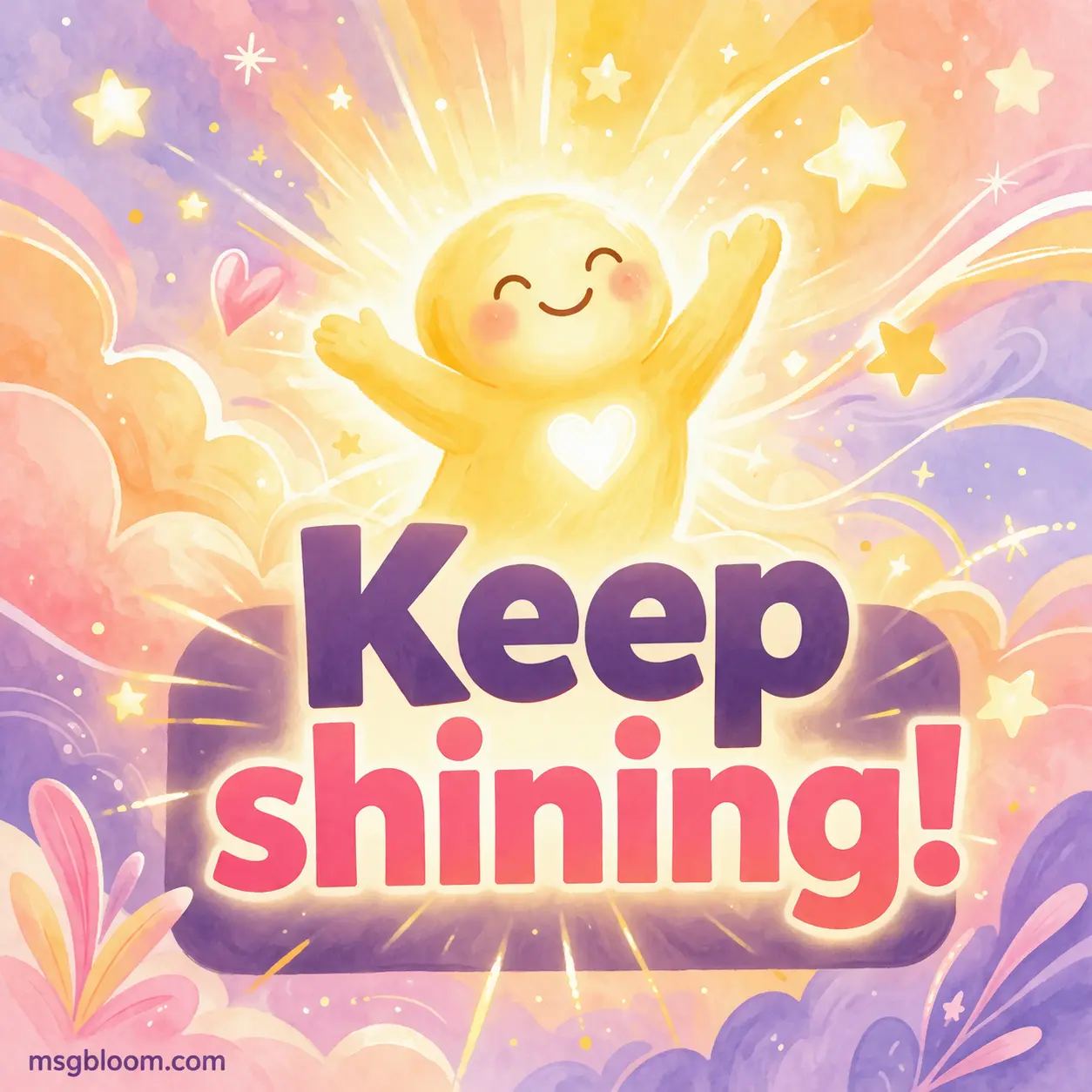 Pastel-style glowing character illustration radiating positivity and energy, reinforcing encouragement and self-confidence with a short uplifting quote about shining.