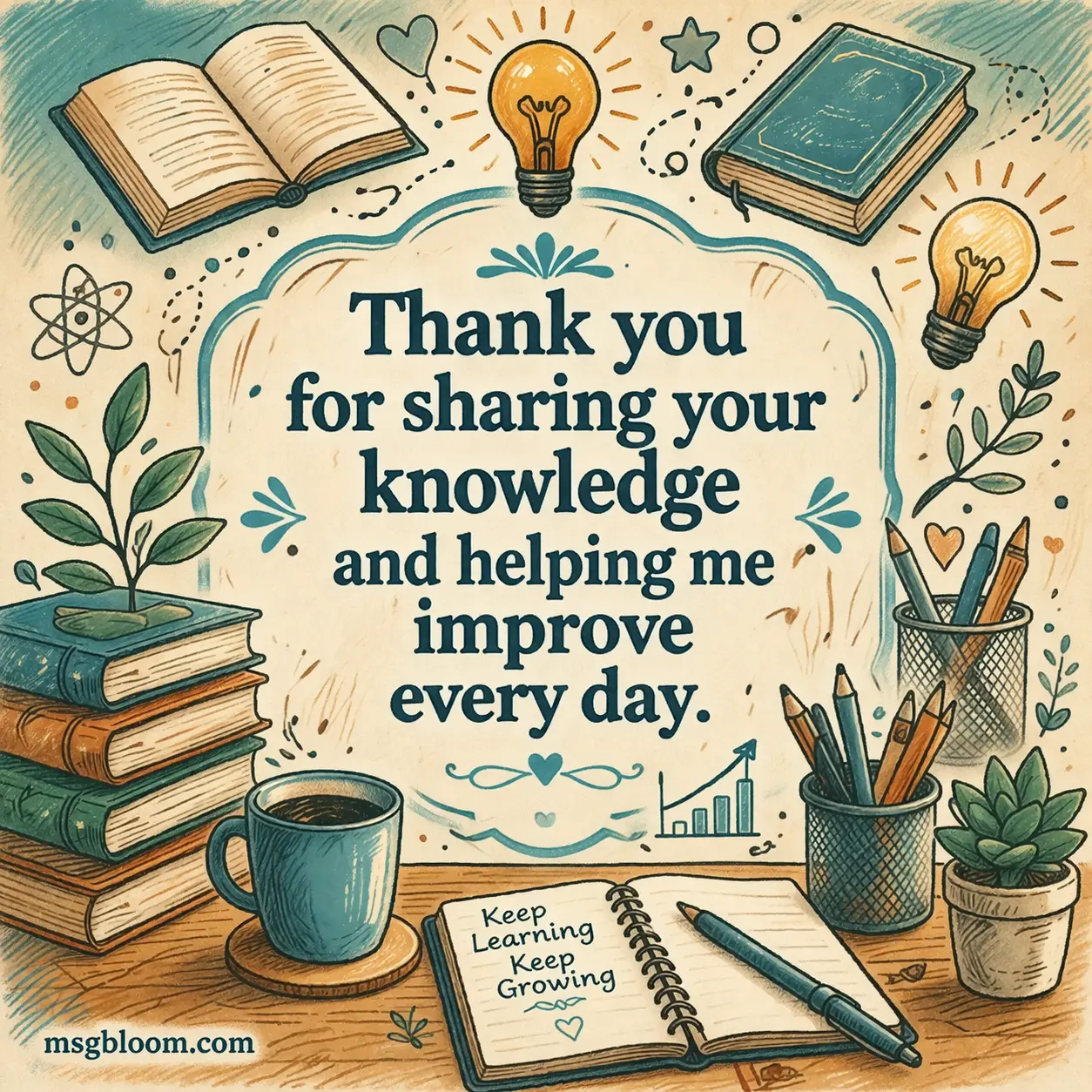 Hand-drawn style learning environment with books and ideas floating around representing knowledge sharing and professional growth quote.