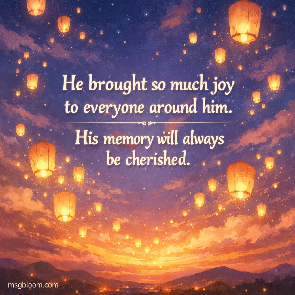 2. Glowing lanterns rising into a twilight sky with a heartfelt message about cherished memories and the joy someone brought to others.