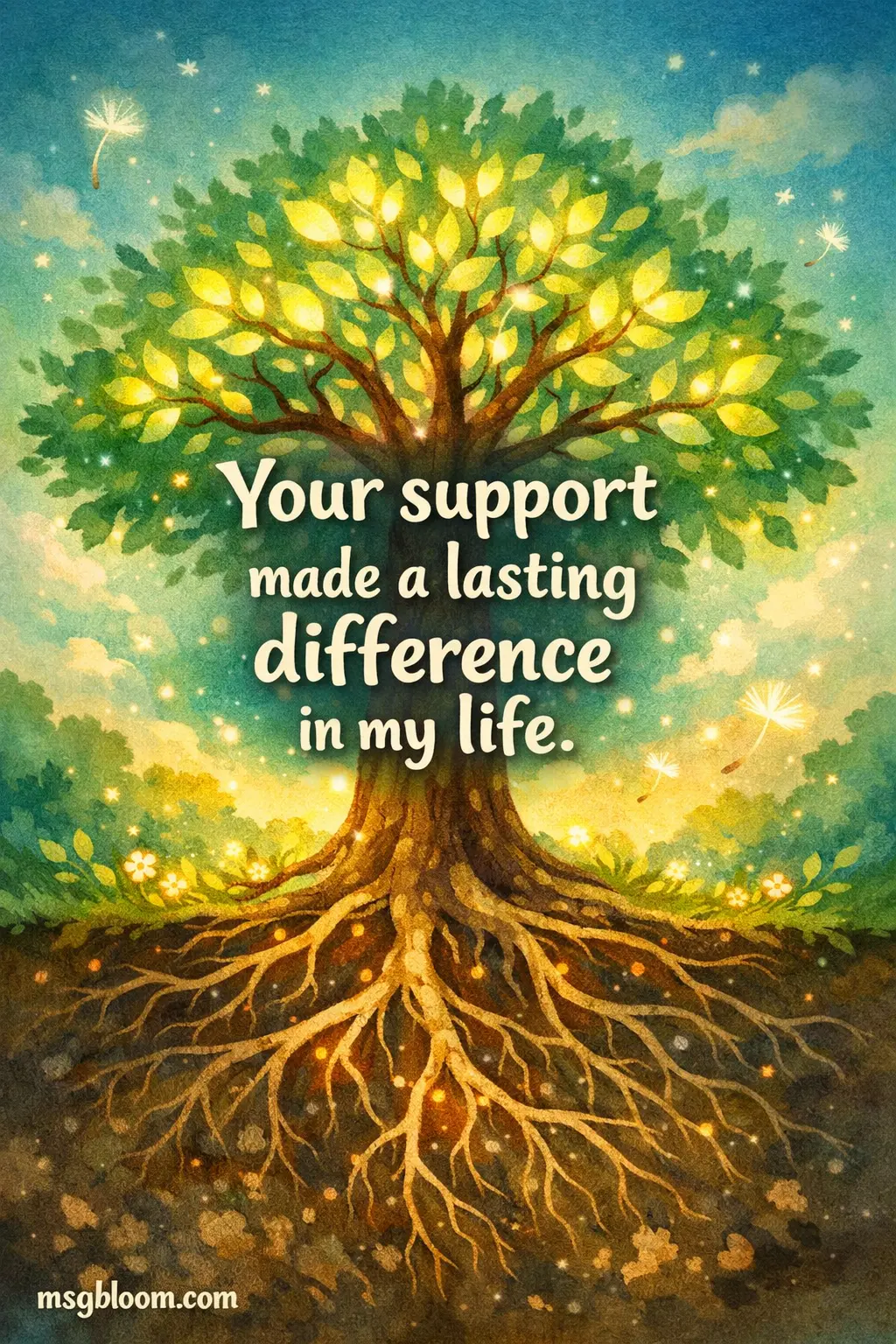 A whimsical tree illustration with glowing leaves symbolizing long-term positive impact and gratitude for meaningful support.
