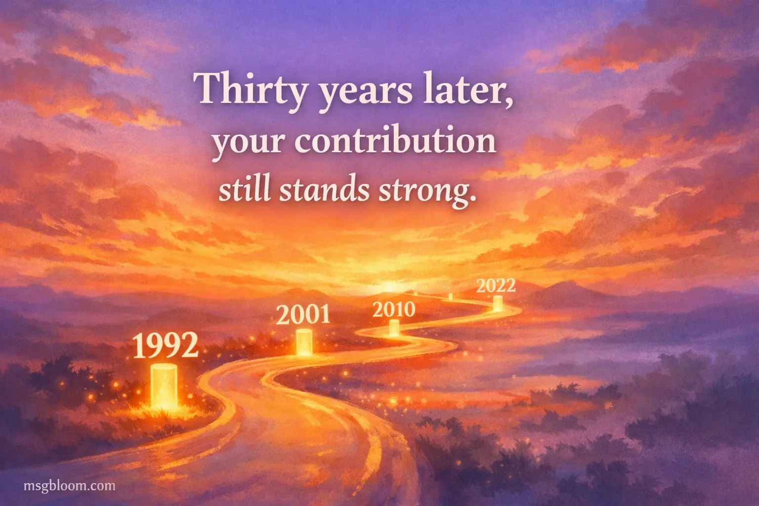 Soft digital painting of a glowing timeline path symbolizing long-term contribution, featuring a quote about thirty years of strong and enduring impact.