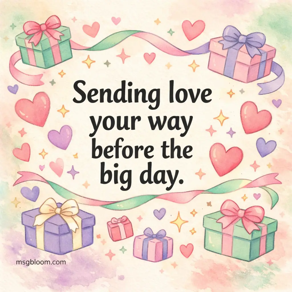 A soft hand-drawn illustration with hearts and gift boxes expressing love sent before a birthday celebration in a warm and gentle tone.