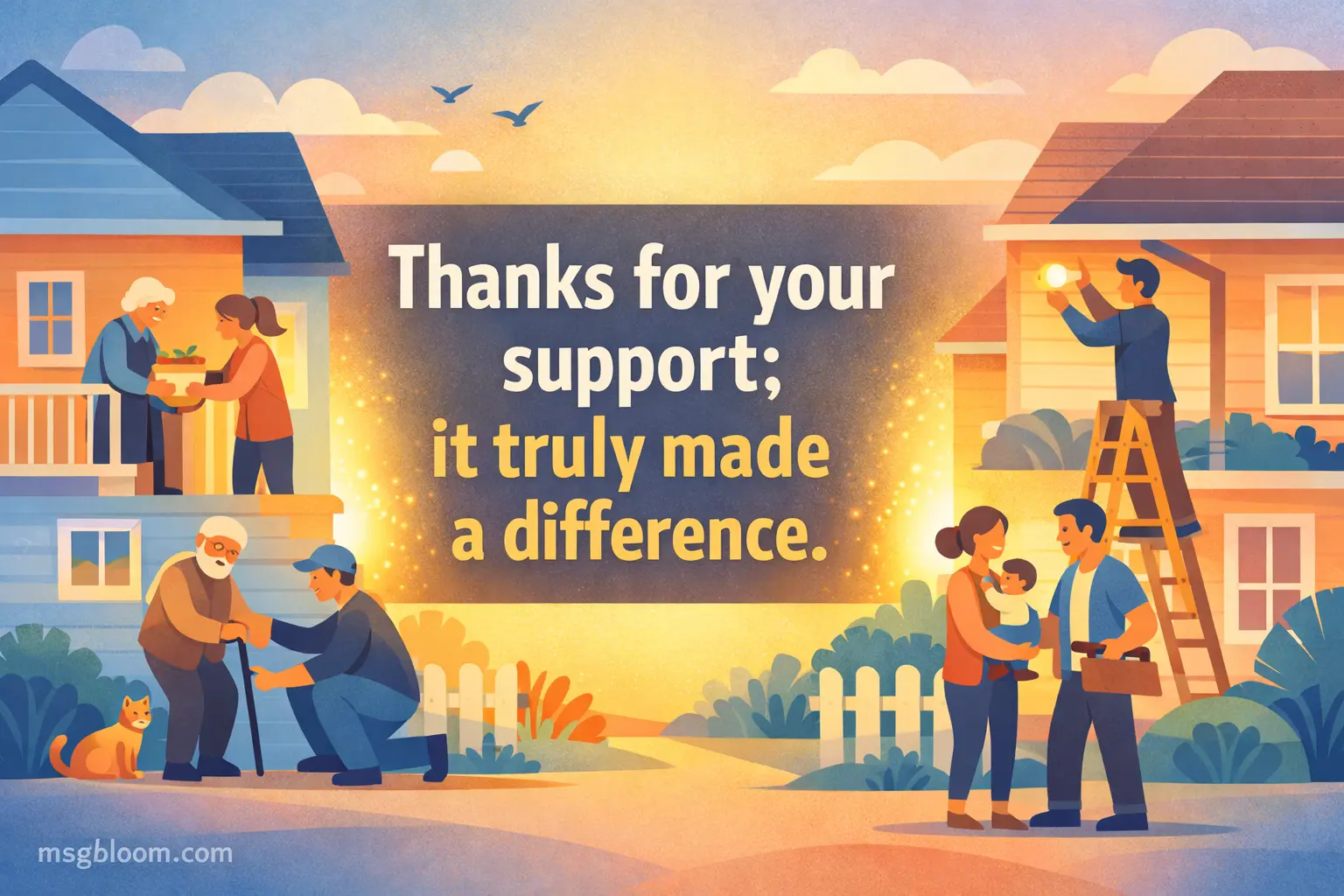 A warm illustrated scene of neighbors supporting each other with a glowing connection, highlighting appreciation and gratitude for meaningful help.