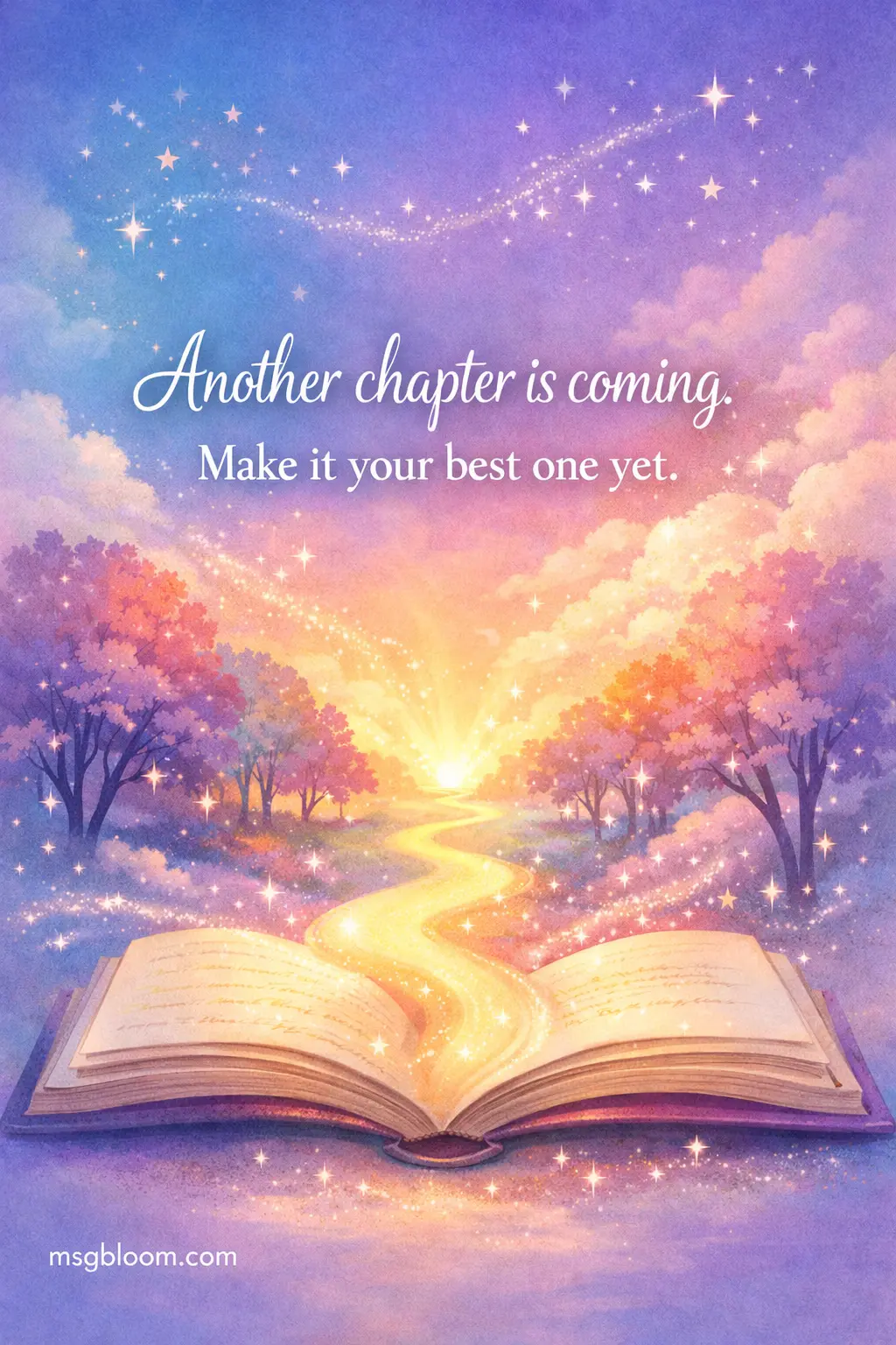 A whimsical illustrated scene of an open book turning into a bright path, symbolizing a new life chapter and encouraging making it the best one yet.