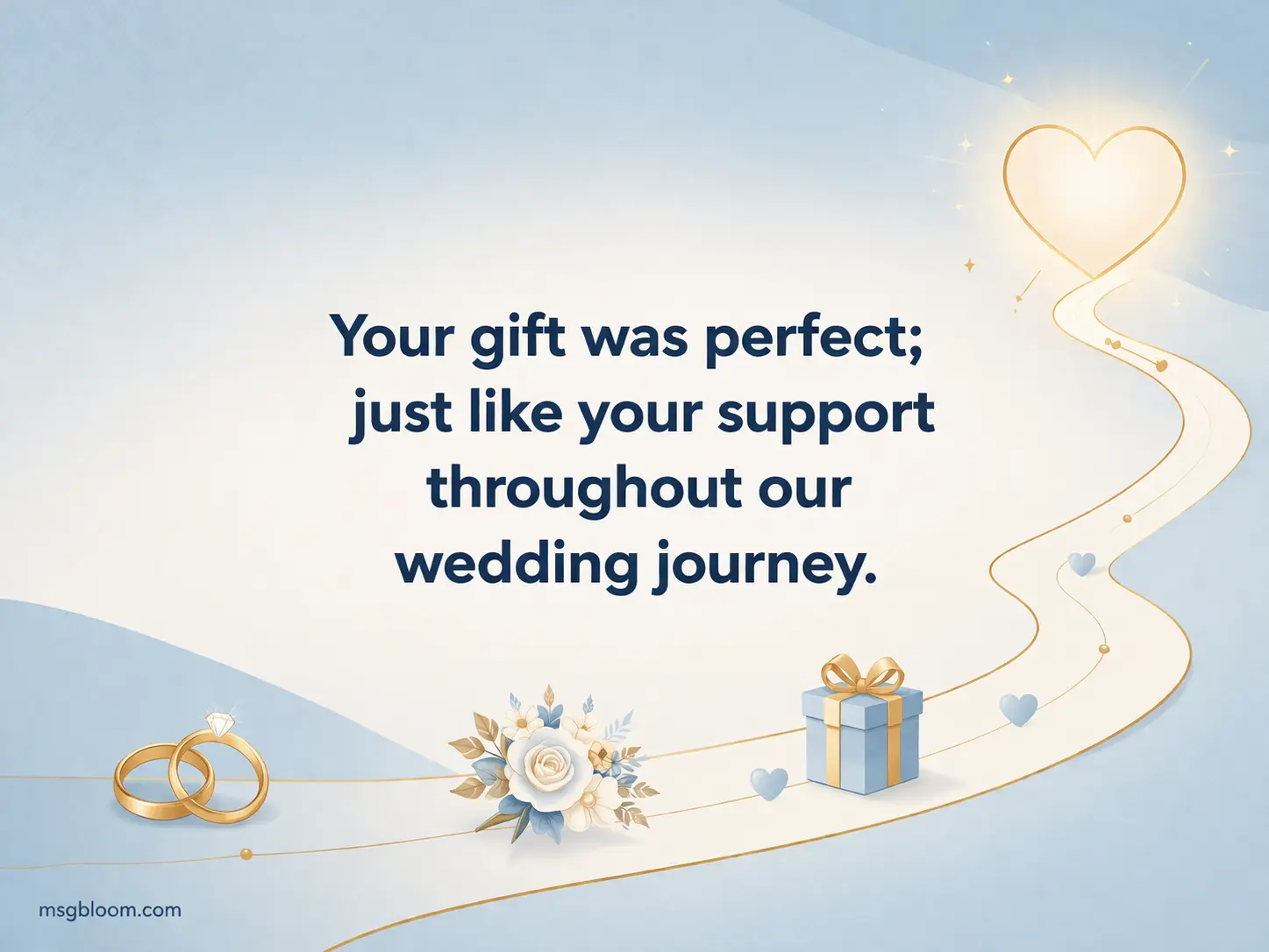 A minimalist illustrated journey showing support and love, paired with a quote about a perfect wedding gift and ongoing encouragement.