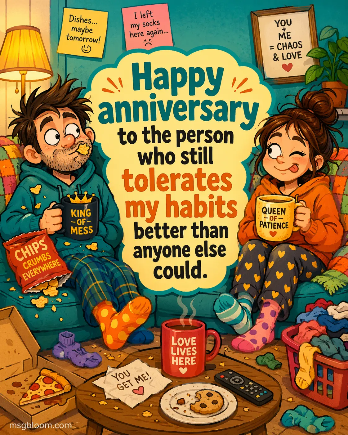 Playful cartoon couple illustration with humorous everyday habits, paired with a funny anniversary message about tolerance and love.