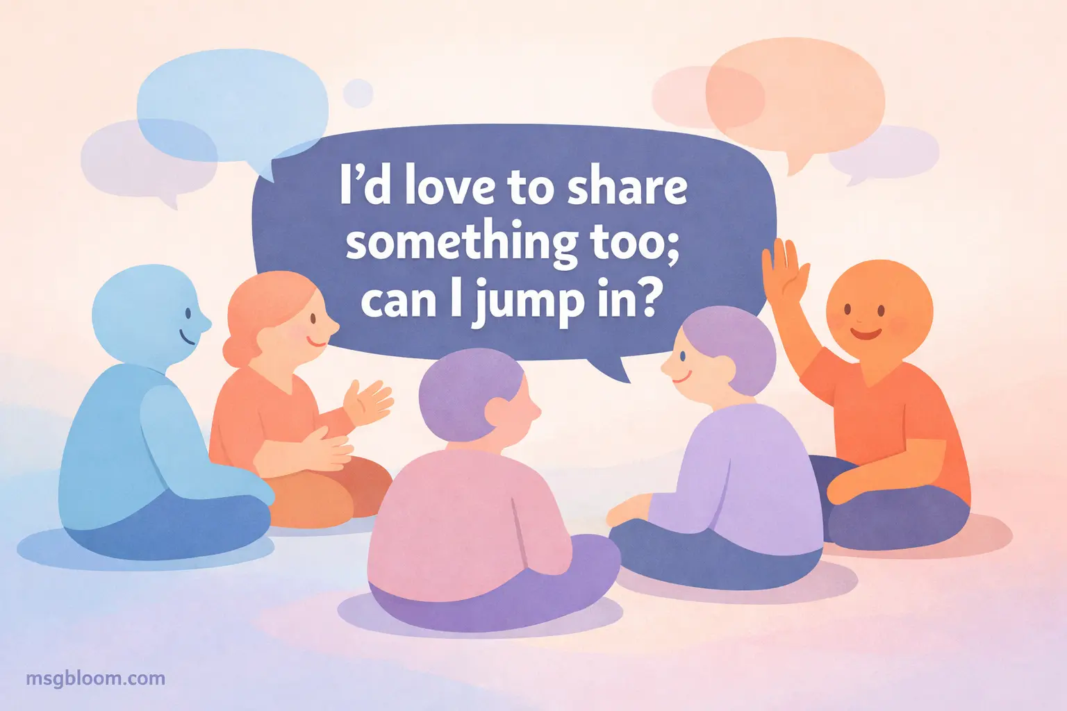 A soft illustrated group conversation scene showing a person politely asking to speak, representing respectful communication and sharing space in discussions.