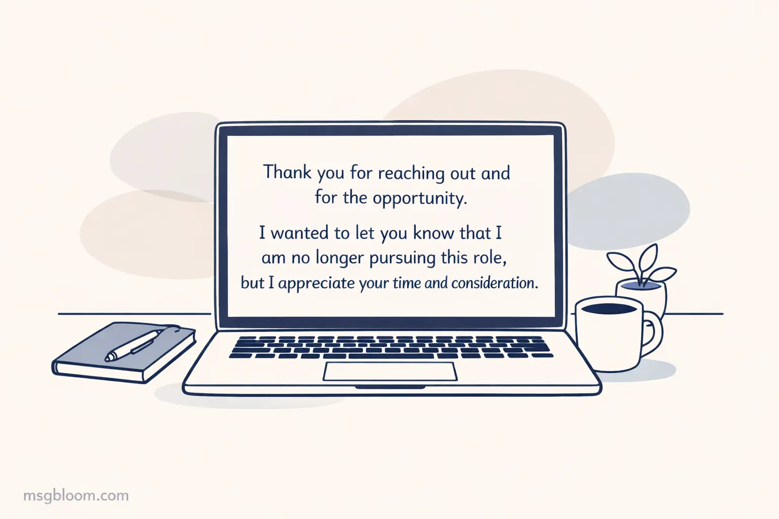 Minimal desk illustration with a laptop showing a polite job rejection message highlighting professionalism and appreciation in career communication.