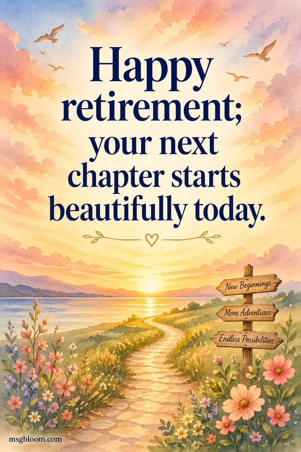 Illustrated sunrise scene with a peaceful path symbolizing a new life journey, featuring a retirement quote about starting a beautiful new chapter.