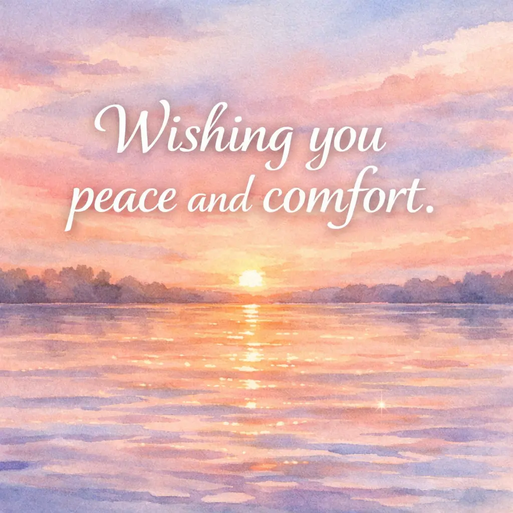 1. Soft watercolor sunset over a peaceful lake with the quote wishing peace and comfort, conveying calm sympathy and emotional support.