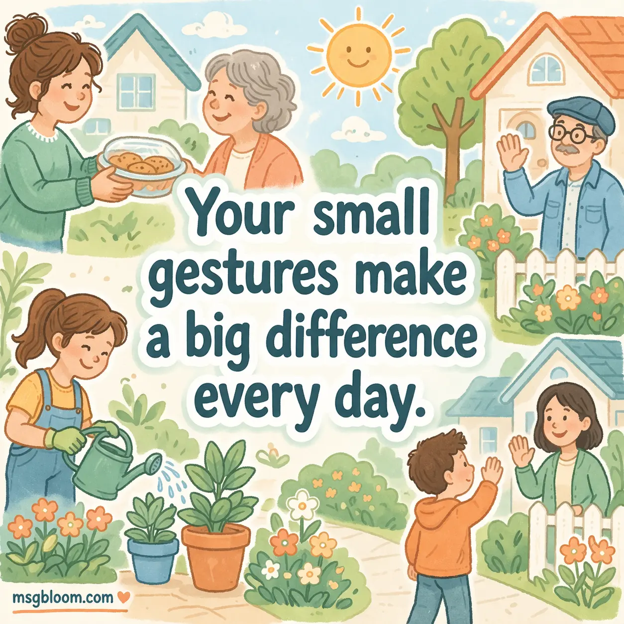 A playful drawing of neighbors performing small acts of kindness, emphasizing how simple gestures create a big positive impact.