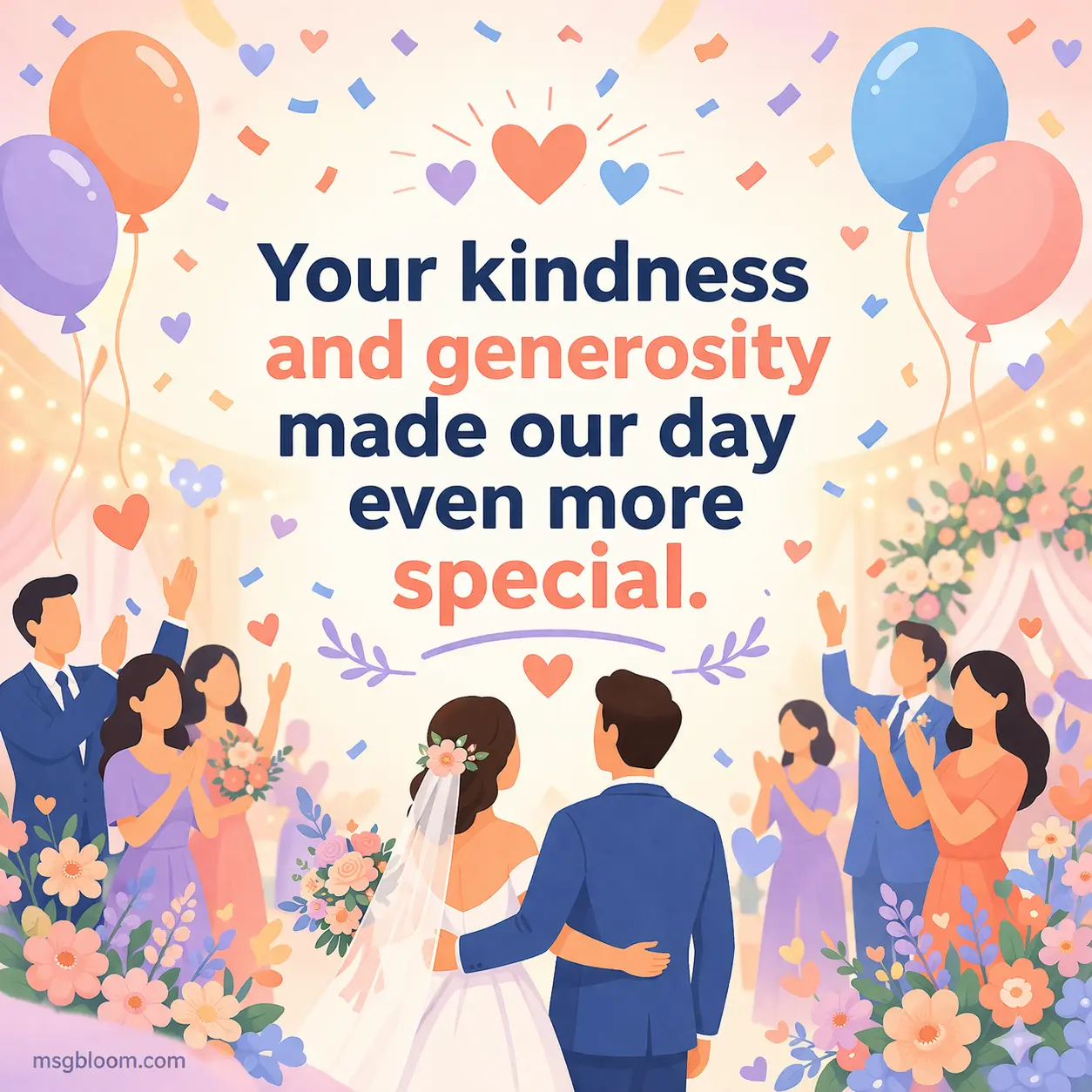 A cheerful illustrated celebration scene highlighting appreciation for kindness and generosity that made a wedding day special.