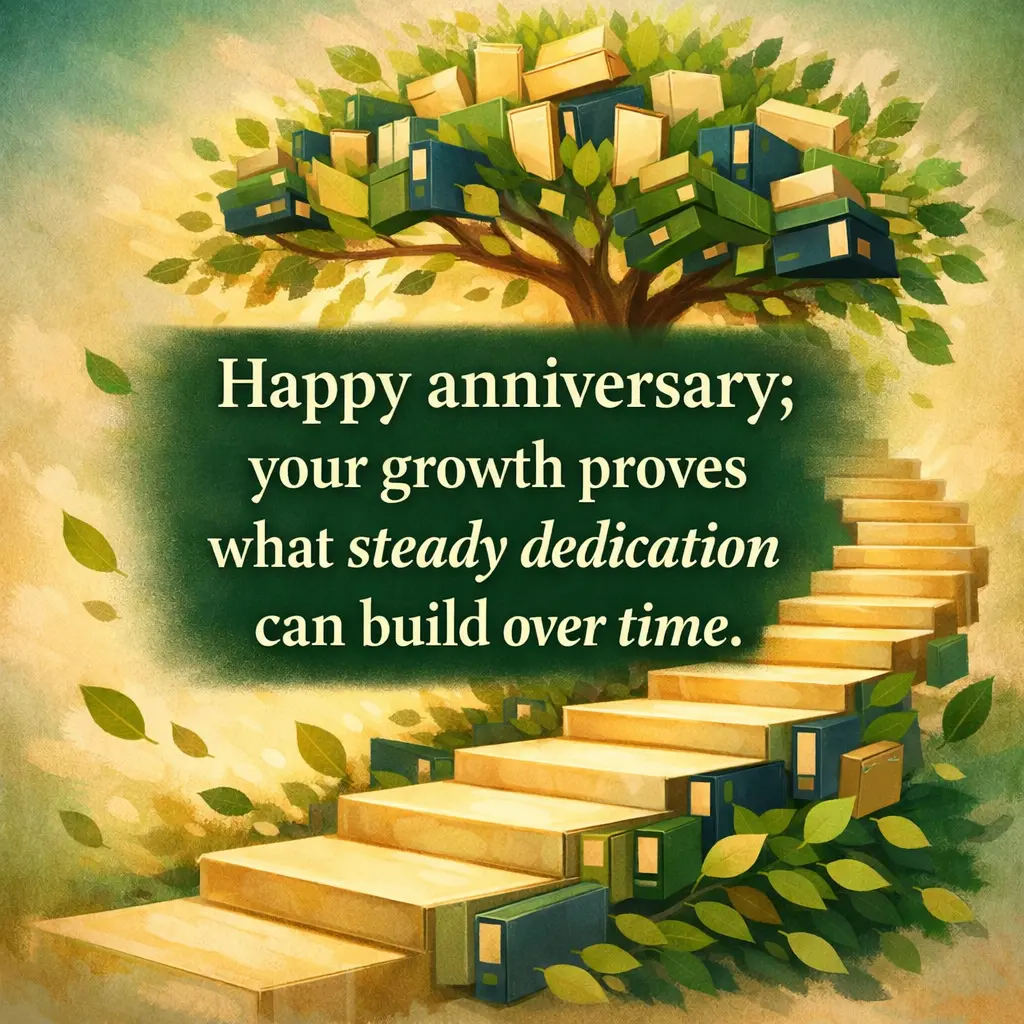 3. Inspirational illustrated staircase growing into a tree, workplace anniversary message about dedication, growth, and long-term success.