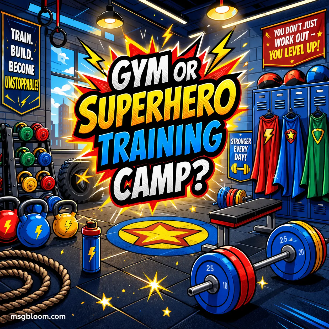 Colorful cartoon gym scene with superhero-themed elements highlighting a playful take on intense workouts and motivation with the quote about gym versus superhero training camp.