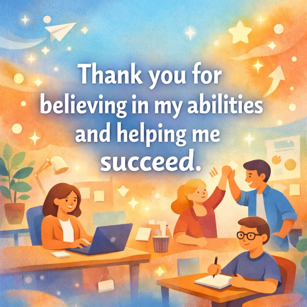 Stylized illustration of a supportive workplace scene with an appreciation quote about believing in abilities and helping someone succeed, motivational leadership themed social media graphic.
