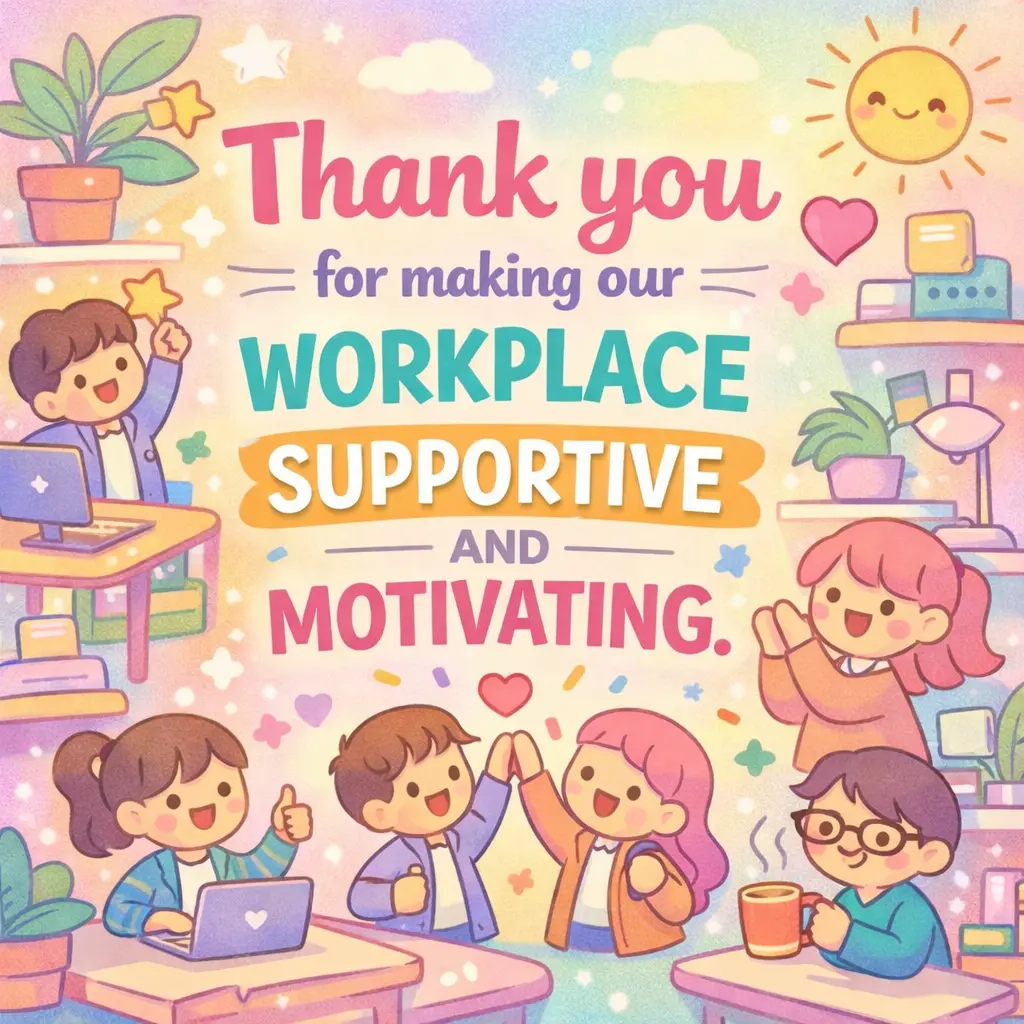 Pastel whimsical office illustration showing a positive and motivating workplace culture with a thank-you message for a supportive supervisor.