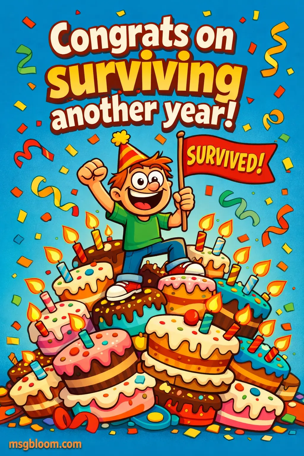 Playful cartoon birthday scene showing humor and survival of another year with a funny celebratory quote.