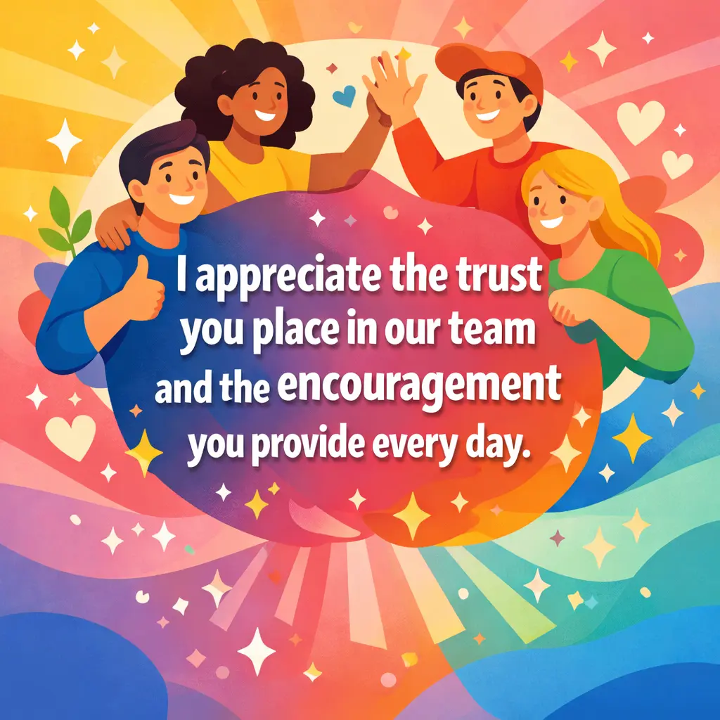 Colorful vector teamwork illustration showing encouragement and trust within a team alongside a gratitude message for a supportive supervisor.