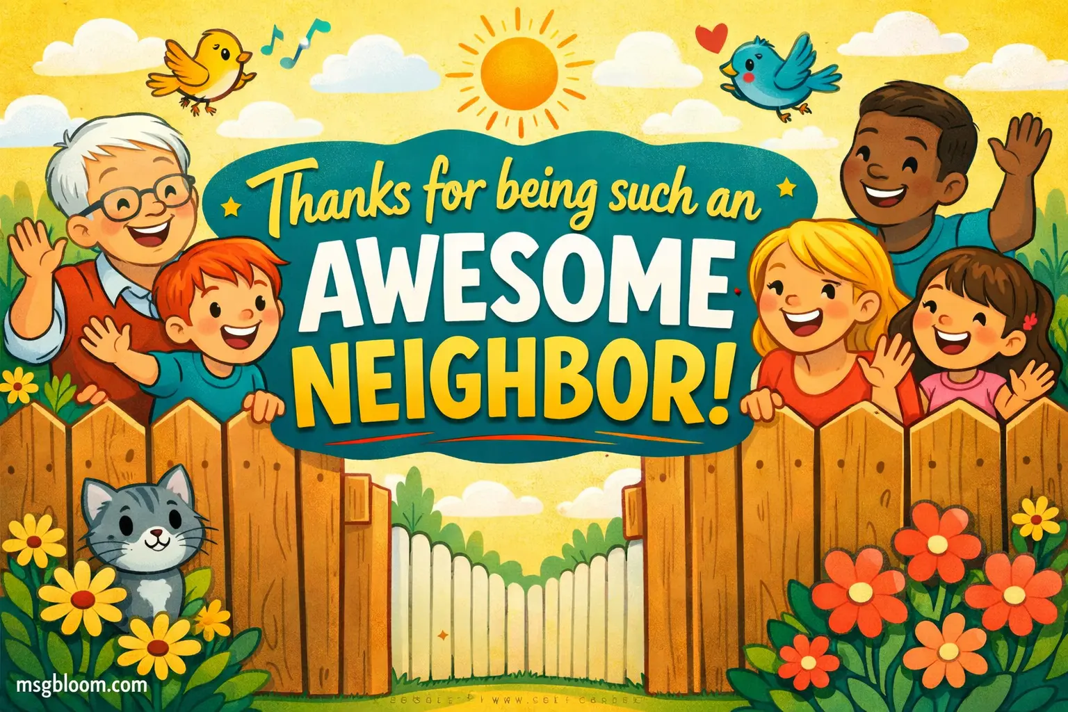 A cheerful cartoon of friendly neighbors greeting each other, expressing appreciation for having an amazing neighbor.