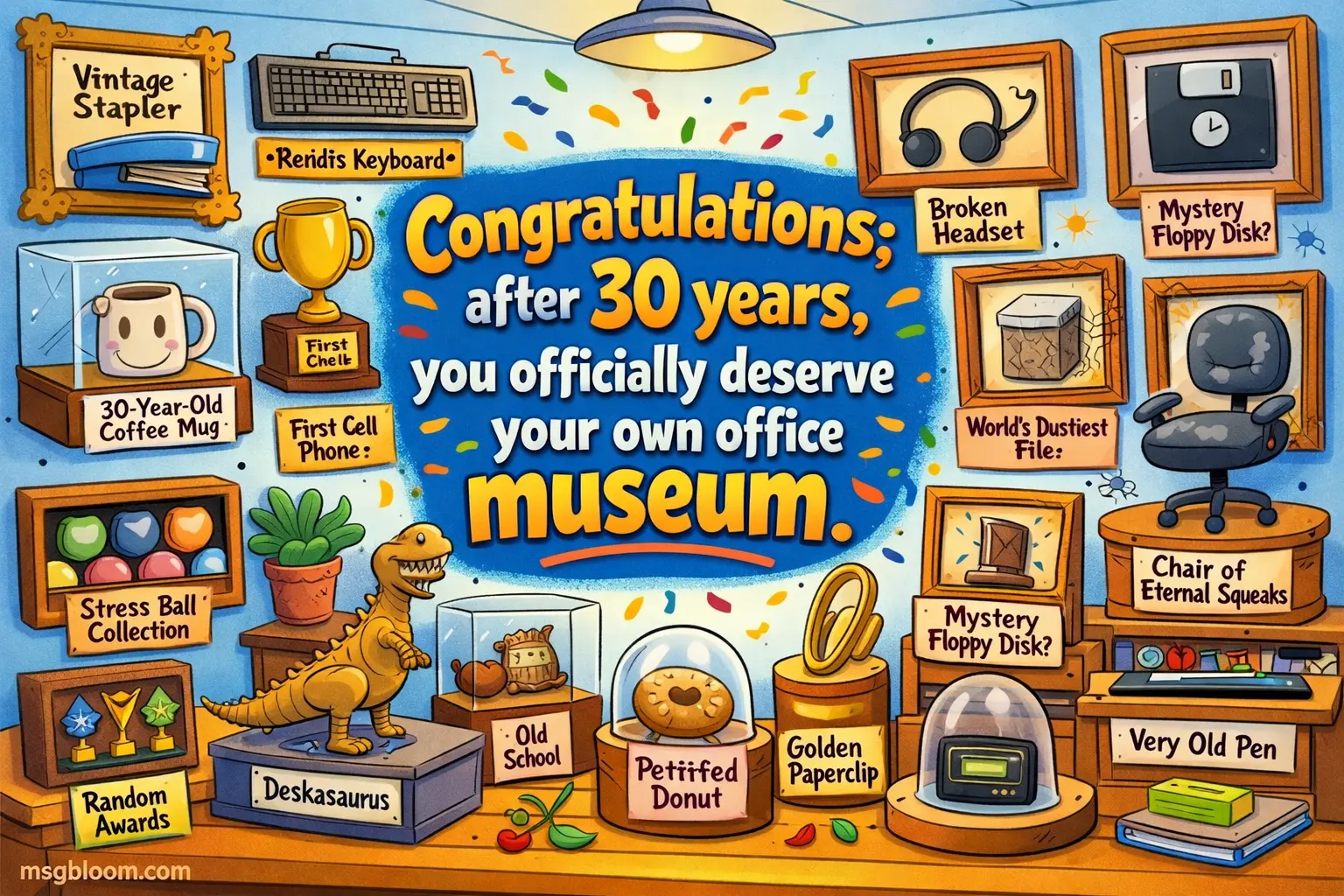 Playful cartoon illustration of an office turned into a humorous museum, emphasizing a lighthearted quote about earning an office museum after 30 years.