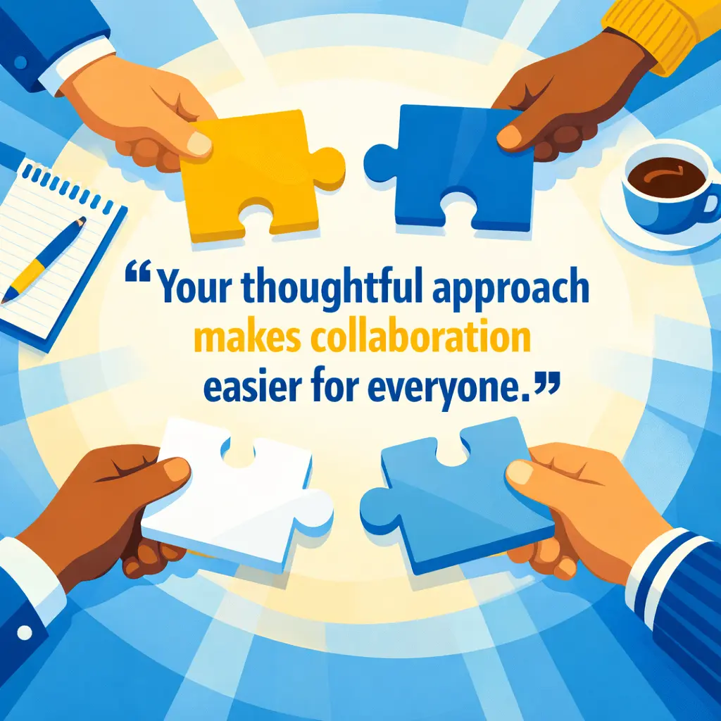 5. Modern teamwork illustration with puzzle pieces and collaboration theme, appreciation quote praising a thoughtful coworker who makes teamwork easier.