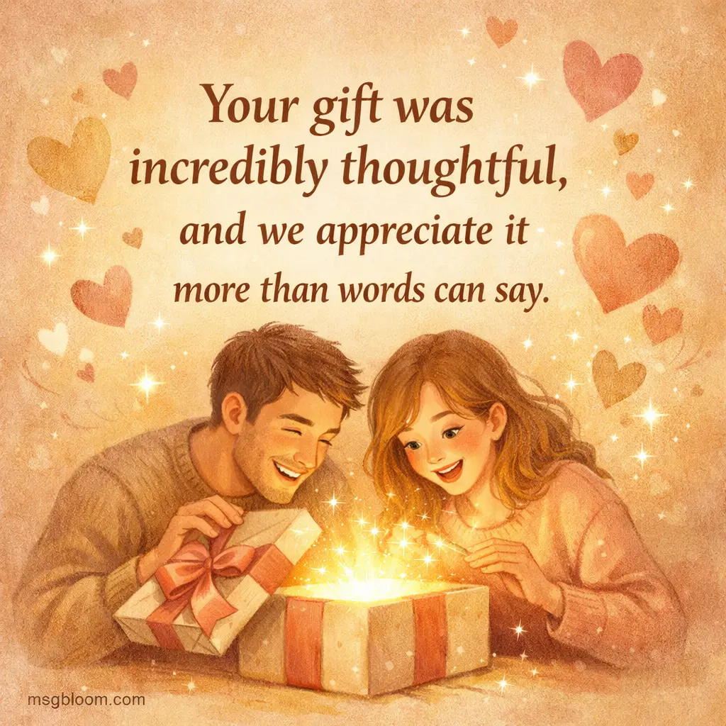 A whimsical drawing of a glowing gift box symbolizing deep appreciation for a thoughtful wedding gift and meaningful gesture.