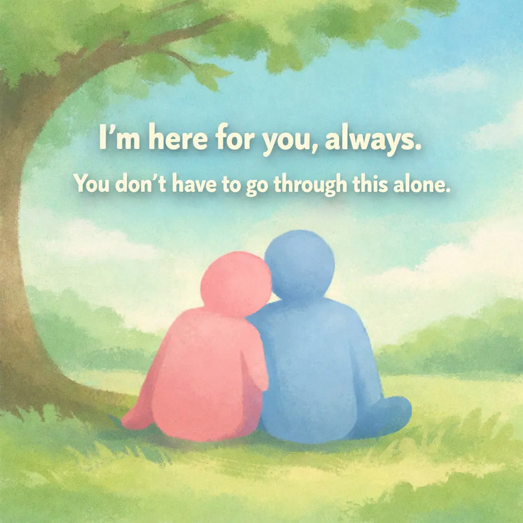 3. Minimal pastel illustration of two figures sitting together symbolizing support, paired with a comforting quote about not being alone in grief.
