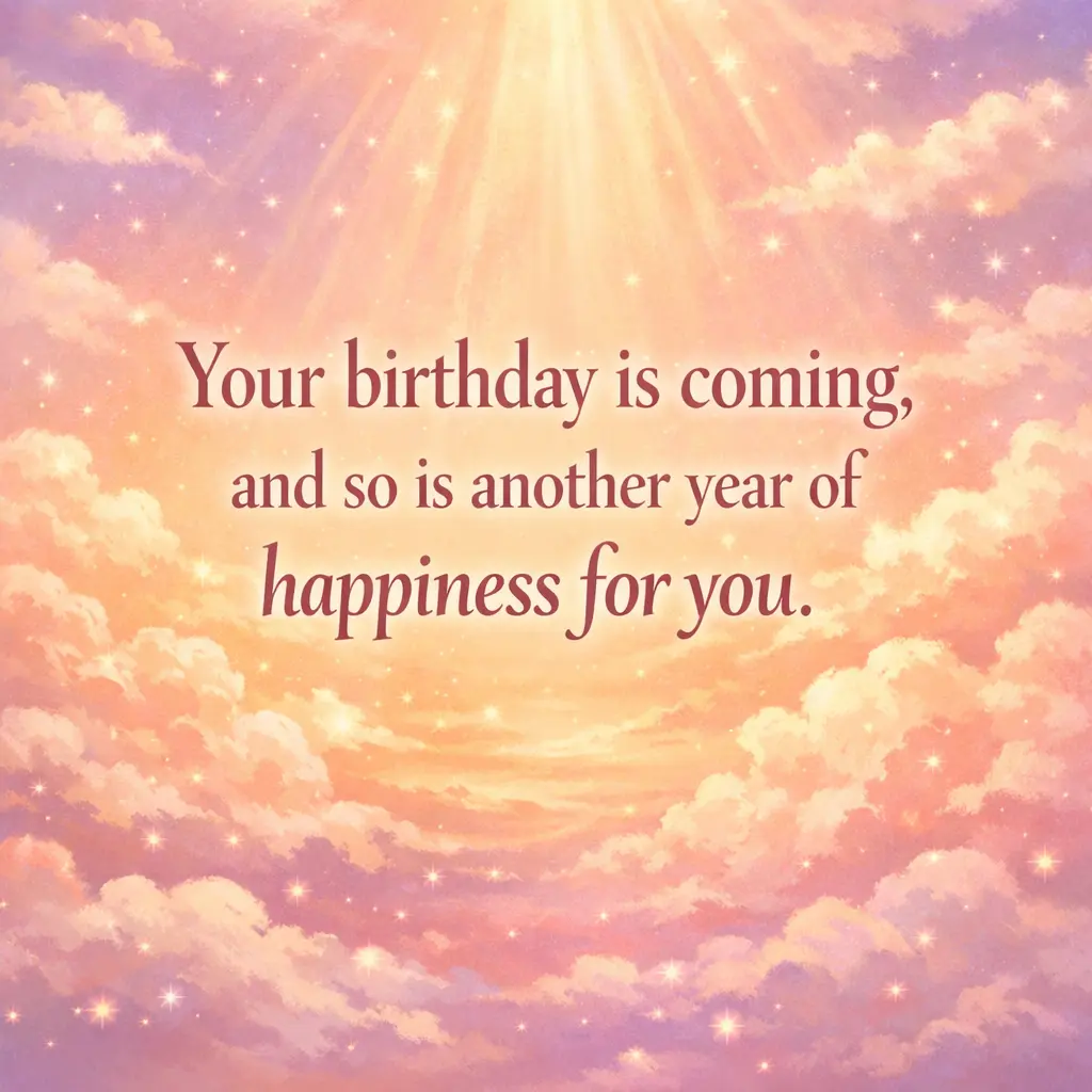 A dreamy pastel sunrise illustration symbolizing upcoming joy and happiness with a quote about a birthday bringing another year of happiness.