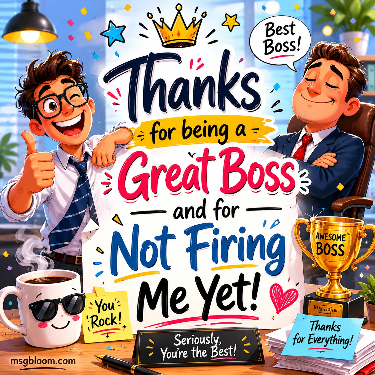 Thanks for being a great boss and for not firing me yet