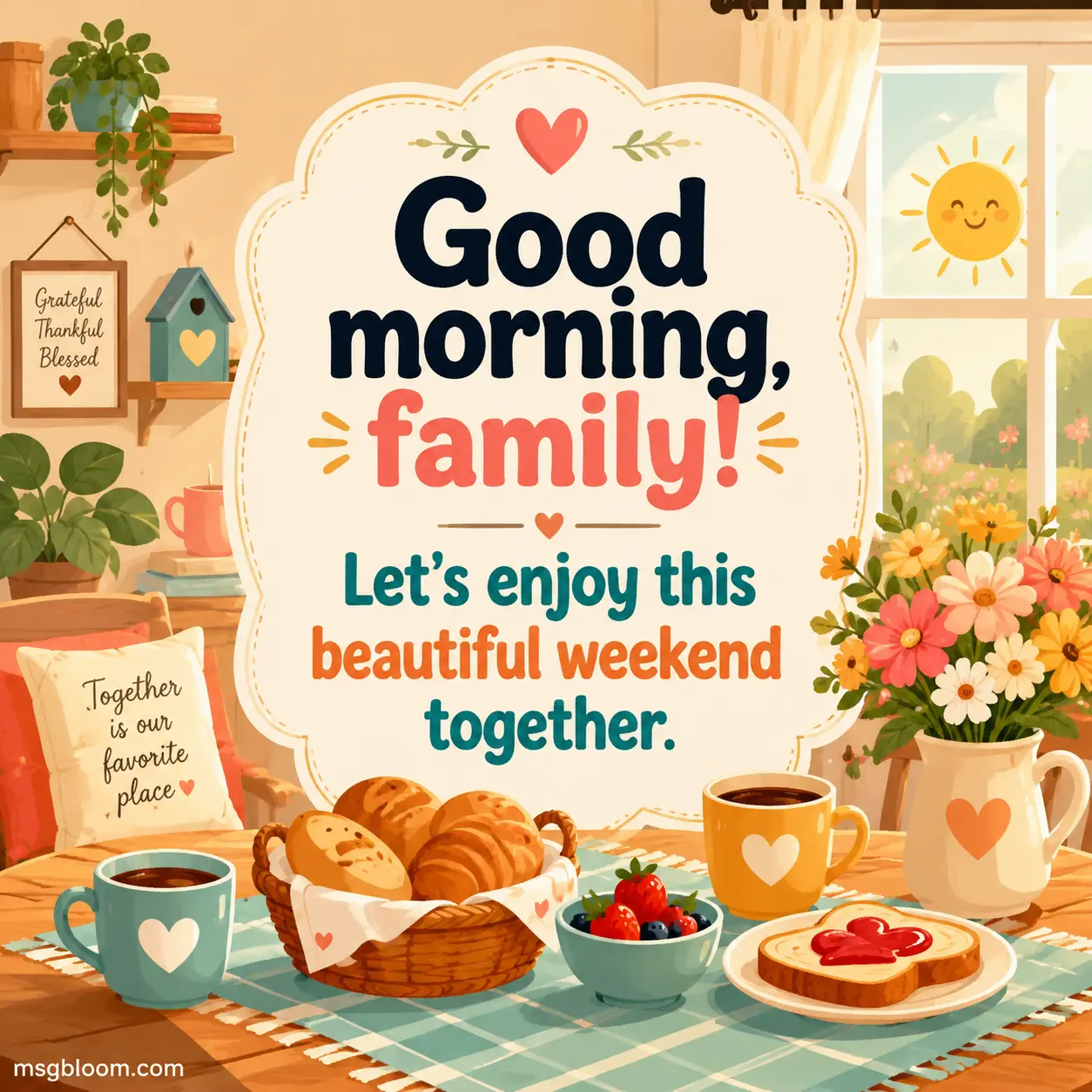 Good morning, family! Let's enjoy this beautiful weekend together.