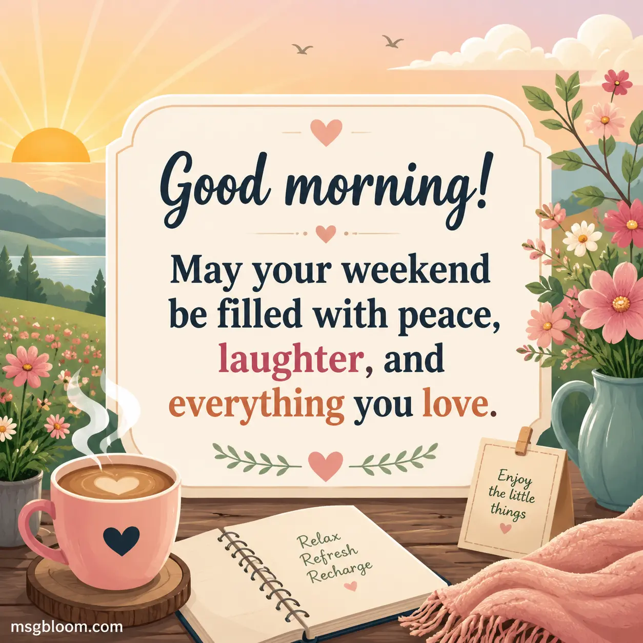 Good morning! May your weekend be filled with peace, laughter, and everything you love.