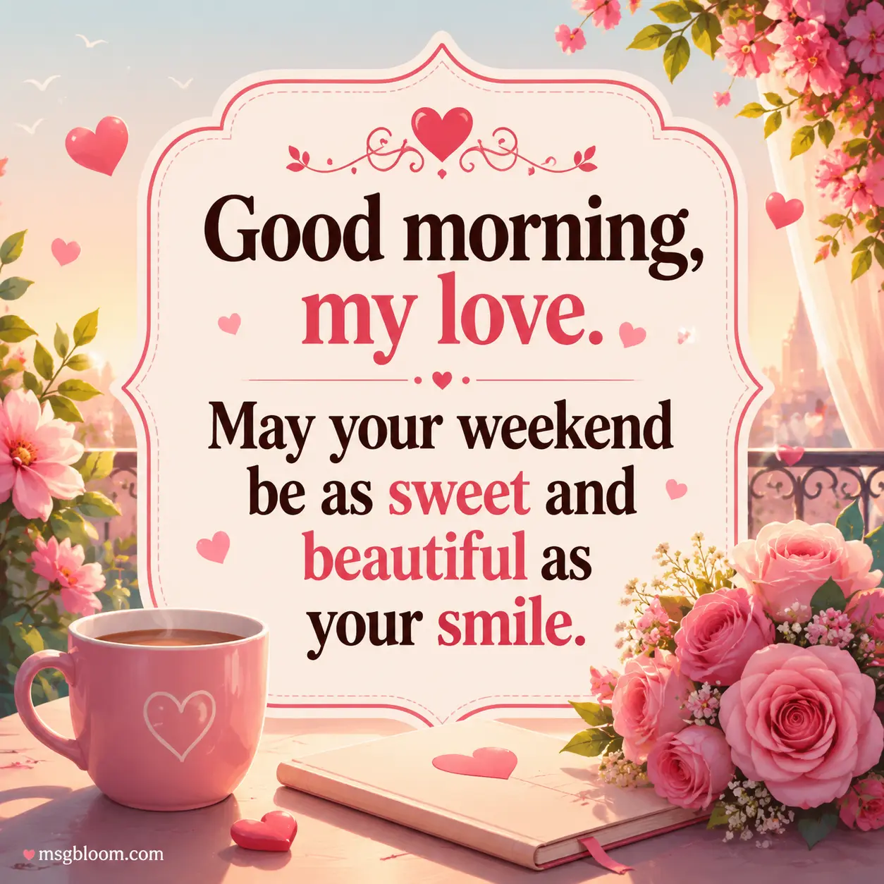 Good morning, my love. May your weekend be as sweet and beautiful as your smile.