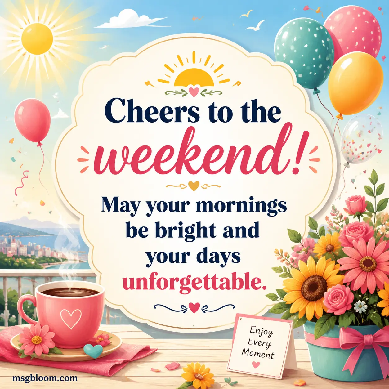 Cheers to the weekend! May your mornings be bright and your days unforgettable.